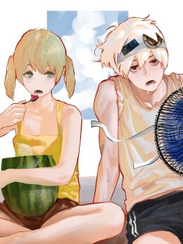 Rule 34 | 1boy, 1girl, absurdres, bare shoulders, black shorts, blonde hair, breasts, electric fan, food, fruit, grey eyes, hair between eyes, hairband, hashtag-only commentary, highres, holding, holding food, holding fruit, holding watermelon, indian style, maka albarn, medium hair, open mouth, red eyes, red shorts, shirt, short hair, shorts, simple background, sitting, sleeveless, sleeveless shirt, sleeves rolled up, small breasts, soul eater, soul evans, sweat, twintails, vitagazer, watermelon, white hair, white hairband, white shirt, yellow shirt