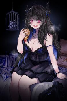 Rule 34 | 1girl, absurdres, animal skeleton, asymmetrical horns, birdcage, black hair, black nightgown, black panties, blue hair, breasts, burger, cage, cleavage, colored inner hair, commentary, cup, disposable cup, english commentary, flower, food, highres, holding, holding burger, holding food, hololive, hololive english, horn flower, horns, indoors, kivo, lace, lace-trimmed nightgown, lace panties, large breasts, lingerie, long hair, messy hair, mole, mole under eye, multicolored hair, nerissa ravencroft, nightgown, on bed, open mouth, panties, pizza, pizza box, pizza slice, purple eyes, sitting, solo, strap slip, trash bag, underwear, uneven horns, very long hair, virtual youtuber, wavy mouth
