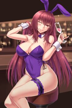 1girl akitsuki_karasu animal_ears bare_shoulders blush bow bowtie breasts commentary_request cup drinking_glass fake_animal_ears fate/grand_order fate_(series) female_focus fishnet_pantyhose fishnets glass highres large_breasts long_hair looking_at_viewer official_alternate_costume one_eye_closed pantyhose playboy_bunny purple_hair rabbit_ears rabbit_girl red_eyes scathach_(fate) scathach_(piercing_bunny)_(fate) shiny_skin sitting smile solo tipsy very_long_hair wine_glass wrist_cuffs
