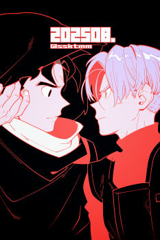 2boys black_background black_hair black_hood closed_mouth dated dragon_ball furrowed_brow hair_between_eyes hood hood_up looking_at_another male_focus multiple_boys parted_bangs purple_hair red_shirt sasaki_tomomi shirt short_hair son_gohan son_gohan_(future) trunks_(dragon_ball) trunks_(future)_(dragon_ball) turtleneck twitter_username