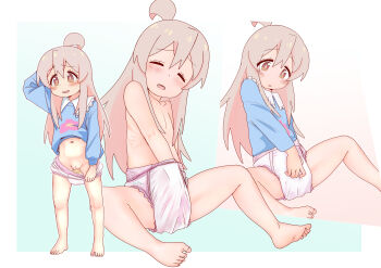 1girl ahoge barefoot blue_shirt blush cleft_of_venus closed_eyes diaper feet female_focus female_masturbation flat_chest genderswap genderswap_(mtf) loli long_hair masturbation navel onii-chan_wa_oshimai! open_mouth oyama_mahiro pee pussy seki-chiku shirt simple_background sitting smile solo spread_legs standing through_clothes toes topless_female