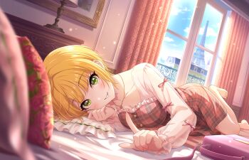 1girl bare_legs barefoot blonde_hair blurry blush brown_dress collarbone cushion depth_of_field dress eiffel_tower fingernails green_eyes idolmaster idolmaster_cinderella_girls idolmaster_cinderella_girls_starlight_stage indoors jewelry looking_at_viewer lying miyamoto_frederica necklace official_alternate_costume official_art on_side pointing pointing_at_viewer see-through_clothes see-through_sleeves short_hair smile solo toes