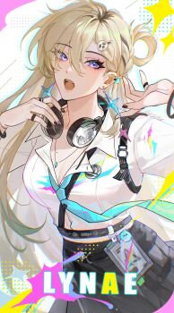 1girl absurdres bafanglianxu black_nails blonde_hair braid braided_bangs breasts character_name cleavage clothes_lift earrings fingernails hair_between_eyes hair_ornament hands_up headphones headphones_around_neck highres id_card jewelry long_hair looking_at_viewer lynae_(wuthering_waves) medium_breasts missing_commentary nail_polish necklace open_mouth purple_eyes shirt shirt_lift skull_hair_ornament solo star_(symbol) star_earrings white_shirt wuthering_waves
