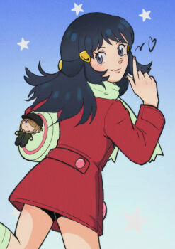 1girl bag black_hair character_doll closed_mouth coat commentary dawn_(pokemon) doll duffel_bag eyelashes hair_ornament hairclip hand_up heart long_hair long_sleeves looking_at_viewer looking_back nintendo pokemon pokemon_dppt pokemon_platinum red_coat scarf sidelocks smile socks solo star_(symbol) tee_(curiousdrifloon)
