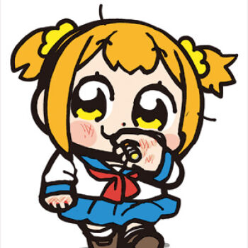 Rule 34 | 1girl, :3, bad id, bkub, blonde hair, blue sailor collar, blue skirt, blush stickers, brown shoes, chibi, chibi only, cigarette, closed mouth, dot nose, full body, holding, holding cigarette, long sleeves, looking at viewer, loose hair strand, lowres, neckerchief, pleated skirt, poptepipic, popuko, red neckerchief, sailor collar, scar, scar on hand, school uniform, serafuku, shirt, shoes, short hair, short twintails, sidelocks, simple background, skirt, socks, solo, standing, twintails, white background, white shirt, white socks, yellow eyes