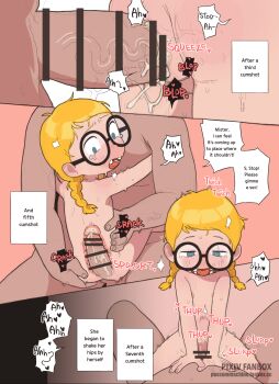 1boy 1girl balloon_womb bar_censor bessie_higgenbottom blonde_hair blue_eyes blush braid censored completely_nude constricted_pupils cowgirl_position cum cum_in_pussy cum_overflow ejaculation english_text facing_viewer flat_chest girl_on_top glasses half-closed_eyes heart hetero highres internal_cumshot loli looking_back missing_tooth moaning motion_lines multiple_views nude open_mouth penis possummachine rape sequential sex spread_legs straddling suspended_congress sweat tears teeth the_mighty_b! tongue tongue_out tooth_gap twin_braids vaginal veins veiny_penis x-ray