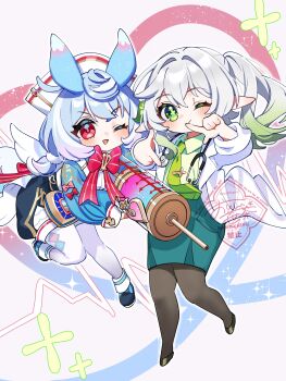 2girls ;) ;d absurdres alternate_costume animal_ears black_pantyhose black_shoes blue_hair blue_shoes blue_skirt blush bow bowtie closed_mouth commentary_request cross-shaped_pupils finger_frame full_body genshin_impact gradient_hair green_eyes green_hair green_necktie hair_between_eyes hair_ornament hat highres holding holding_syringe lab_coat long_hair looking_at_viewer melusine_(genshin_impact) multicolored_hair multiple_girls nahida_(genshin_impact) necktie nurse_cap oishii_sasa one_eye_closed open_mouth oversized_object pantyhose pointy_ears pom_pom_(clothes) pom_pom_hair_ornament red_bow red_bowtie red_eyes shirt shoes side_ponytail sigewinne_(genshin_impact) skirt smile stethoscope_around_neck symbol-shaped_pupils syringe thighhighs watermark white_hair white_shirt white_thighhighs