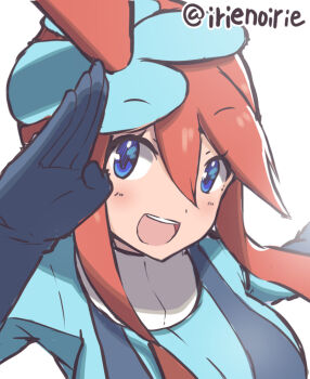 Rule 34 | 1girl, artist name, blue eyes, blue gloves, blue jacket, breasts, commentary request, cropped jacket, gloves, irie keisuke (handn), jacket, large breasts, nintendo, one side up, open mouth, pokemon, pokemon bw, red hair, salute, short hair with long locks, sidelocks, skyla (pokemon), smile, solo, swept bangs, twitter username, upper body