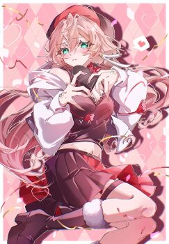 Rule 34 | 1girl, alternate costume, antlers, aqua eyes, argyle background, beret, blush, boots, box, breasts, commentary request, crop top, deer antlers, genshin impact, gift, hair between eyes, happy valentine, hat, heart, heart-shaped box, highres, holding, holding gift, horns, jacket, long hair, looking at viewer, medium breasts, midriff, mkr aknk714, multicolored hat, multicolored skirt, navel, off-shoulder jacket, off shoulder, open clothes, open jacket, pink hair, platform boots, purple boots, purple shirt, shirt, skirt, solo, spoken heart, streamers, thigh strap, white jacket, yanfei (genshin impact)
