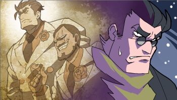 2boys black_hair boutonniere cigar comic commentary flashback flower formal_clothes helltaker helltaker_(character) highres holding holding_cigar jacket kyo-hei_(kyouhei) mafia multiple_boys necktie remembering rose scar scar_across_eye scar_on_face scarf sepia short_hair silent_comic snowing suit sunglasses sweatdrop symbol-only_commentary