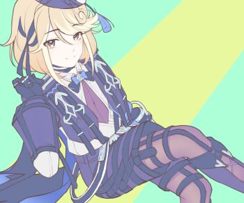 1boy absurdres blonde_hair bow bowtie closed_mouth commentary design_speculation english_commentary genshin_impact gloves hair_between_eyes hair_ornament hat highres jewelry long_sleeves looking_at_viewer necktie ring short_hair shorts simple_background smile solo teyvatmilker