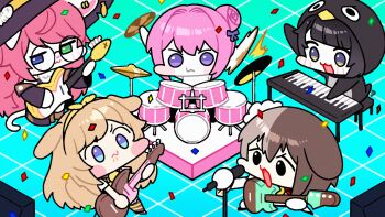 5girls animal_ears animal_hood arknights arknights:_endfield bass_guitar bell black_eyes black_hair blonde_hair blue_eyes brown_hair butter_(trickcal) chair character_request chibi commentary confetti copyright_request dc_(makezzal) dog_ears dog_girl doro_(nikke) drum drum_set drumsticks endministrator_(arknights) female_endministrator_(arknights) goddess_of_victory:_nikke gugugaga_(meme) guitar hachiko_of_castling hair_bun hairband highres hood instrument last_origin maid maid_headdress meme microphone microphone_stand multicolored_hair multiple_girls neck_bell pink_hair purple_eyes trickcal two-tone_hair untranslatable_commentary