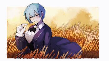 Rule 34 | 1girl, angela (project moon), ascot, black vest, blue coat, blue hair, border, closed mouth, coat, collared shirt, gloves, highres, library of ruina, long sleeves, looking at object, nakame77, project moon, shirt, short hair, simple background, solo, standing, upper body, vest, wheat field, white ascot, white border, white gloves, white shirt, yellow eyes