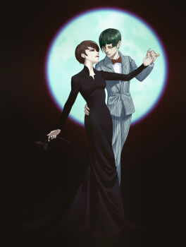 black_background black_dress black_eyeshadow black_flower black_nails bow bowtie brown_hair commentary cosplay couple dress earrings english_commentary eyeshadow flower gomez_addams gomez_addams_(cosplay) green_hair hand_on_another's_waist hetero highres hiromine_yoko holding holding_flower jewelry leylinefount makeup moon morticia_addams morticia_addams_(cosplay) protagonist_(smtv) red_bow red_bowtie red_eyes red_lips shin_megami_tensei shin_megami_tensei_v shin_megami_tensei_v:_vengeance short_hair single_earring striped_clothes yellow_eyes