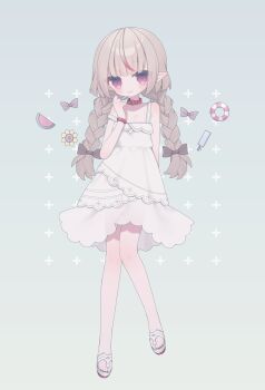 1girl absurdres aqua_background bangle bare_shoulders belt_collar black_ribbon blunt_bangs blush bracelet braid closed_mouth collar dress fangs full_body grey_hair hair_ribbon highres jewelry kuma_kubo3 lace_trim long_hair looking_at_viewer low_twin_braids makaino_ririmu makaino_ririmu_(3rd_costume) multicolored_hair nijisanji no_socks platform_sandals pointy_ears red_collar red_eyes red_hair ribbon sandals see-through_clothes see-through_skirt sidelocks simple_background skirt sleeveless sleeveless_dress smile solo standing strap_slip streaked_hair sundress twin_braids virtual_youtuber white_dress