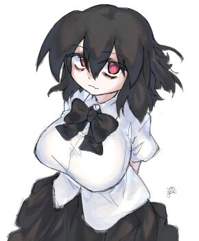 Rule 34 | 1girl, 7kitte, absurdres, bags under eyes, black bow, black bowtie, black hair, black skirt, bow, bowtie, breasts, closed mouth, commentary request, from above, highres, large breasts, looking at viewer, medium hair, pink eyes, shameimaru aya, shirt, sidelocks, skirt, smile, solo, touhou, white shirt