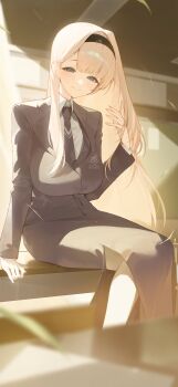 1girl absurdres arm_at_side arm_support black_hairband black_jacket black_necktie black_skirt blazer blonde_hair blue_eyes breasts character_request closed_mouth collared_shirt copyright_request desk evening hair_behind_ear hairband hand_up hashtag-only_commentary highres impossible_clothes impossible_jacket indoors jacket kji_(rozo) large_breasts layered_sleeves long_hair long_skirt long_sleeves looking_at_viewer necktie on_desk shirt side_slit sitting skirt smile solo thigh_strap white_shirt wing_collar