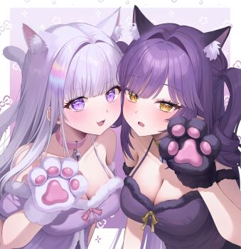 2girls :d :o absurdres animal_ear_fluff animal_ears animal_hands ayatsuno_yuni bell black_camisole border breasts camisole cat_ears cat_girl cat_tail cleavage collarbone commentary_request fang gloves grey_hair highres looking_at_viewer medium_breasts multiple_girls neck_bell open_mouth paw_gloves purple_background purple_camisole purple_eyes purple_hair sakihane_huya shant_07 smile stellive tail upper_body white_border