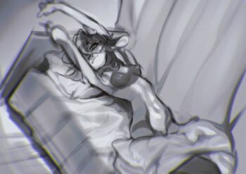 1girl animal_ears animal_nose arms_up bed body_fur breasts furry furry_female greyscale long_hair looking_at_viewer medium_breasts monochrome navel original pillow pita-potato smile solo