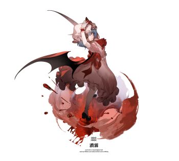 Rule 34 | 1girl, ascot, bat wings, blood, commentary, english text, full body, hat, hat ribbon, highres, looking at viewer, mob cap, red ascot, red eyes, reeh (yukuri130), remilia scarlet, ribbon, simple background, solo, touhou, touhou hisoutensoku, white background, wings