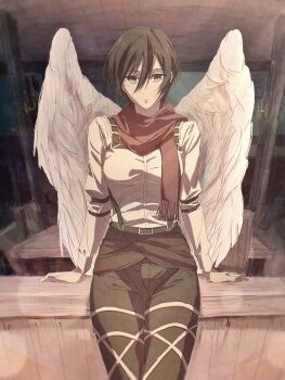 1girl absurdres angel_wings black_hair black_pantyhose breasts closed_mouth facial_scar feathered_wings grey_eyes hair_between_eyes highres looking_at_viewer medium_breasts mikasa_ackerman myforuwlglij69i pantyhose red_scarf scar scar_on_cheek scar_on_face scarf shingeki_no_kyojin shirt short_hair sitting solo white_shirt white_wings wings