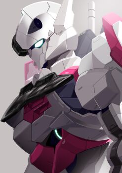 Rule 34 | absurdres, commentary, glowing, glowing eyes, green eyes, grey background, gundam, gundam lfrith, gundam suisei no majo, highres, mecha, mobile suit, no humans, revision, robot, science fiction, shiromoca, simple background, solo, upper body