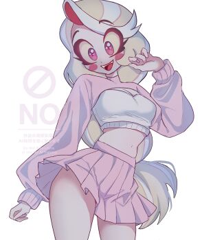 1girl :d alternate_costume blonde_hair blush_stickers breasts charlie_morningstar commentary_request cowboy_shot crop_top hazbin_hotel hellaverse highres long_hair long_sleeves medium_breasts miniskirt navel open_mouth pink_eyes pleated_skirt skirt smile solo sonitasonootaku standing stomach teeth upper_teeth_only watermark white_background white_hair white_skirt