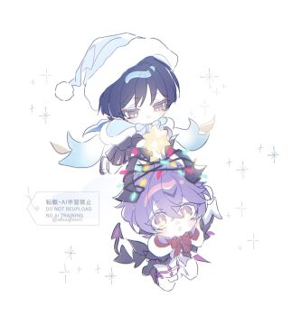 2boys akuasfia4313 chibi chibi_only christmas_lights dragon_boy dragon_horns dragon_tail dragon_wings durin_(genshin_impact) genshin_impact hair_ornament hat highres horns looking_at_another multiple_boys open_mouth purple_hair santa_hat scaramouche_(genshin_impact) sparkle star_(symbol) star_hair_ornament tail wanderer_(genshin_impact) watermark wings