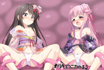 2girls ass black_hair black_kimono blush bow bow_panties breasts brown_eyes cameltoe clothes_lift commentary_request commission floral_print floral_print_kimono flower hair_bow hair_flower hair_ornament highres imminent_rape japanese_clothes kimono kimono_lift loli long_hair moaning mogura2009 multiple_girls navel nipples off_shoulder open_clothes open_kimono open_mouth original panties pink_eyes pink_hair pink_kimono pink_ribbon print_kimono restrained ribbon sitting skeb_commission small_breasts spread_legs spread_pussy spread_pussy_under_clothes tentacles thighs underwear white_panties