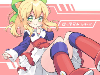 1girl boots closed_mouth convenient_leg copyright_name dress frilled_dress frills green_eyes green_ribbon hair_ribbon hand_up layered_dress long_sleeves looking_at_viewer medium_hair mega_man_(classic) mega_man_(series) ponytail red_boots red_dress ribbon roll_(mega_man) sidelocks sleeves_past_wrists smile solo thighs yukiwo
