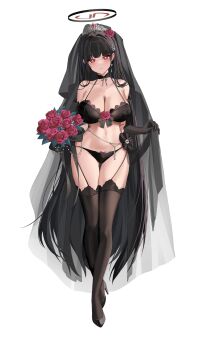 1girl absurdres alternate_costume bare_shoulders black_bra black_garter_straps black_gloves black_hair black_halo black_panties black_shoes black_thighhighs black_veil blue_archive blush bouquet bow bow_panties bra breasts bridal_lingerie bridal_veil cleavage commentary elbow_gloves flower full_body garter_straps gloves halo high_heels highres holding holding_bouquet large_breasts lingerie long_hair looking_at_viewer multicolored_halo nacho_(nacho_1103) navel panties parted_lips red_bow red_eyes red_flower red_halo rio_(blue_archive) shoes solo stomach thighhighs tiara two-tone_halo underwear veil very_long_hair