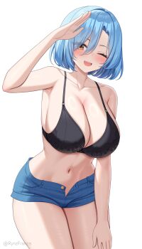 1girl absurdres artist_name bare_shoulders black_bra blue_hair blue_shorts blush bra breasts cleavage collarbone commentary commission curtains denim denim_shorts english_commentary hair_between_eyes hand_on_own_thigh hand_up highres indoors large_breasts leaning_forward lingerie looking_at_viewer navel no_shirt one_eye_closed open_clothes open_fly open_mouth open_shorts original pixiv_commission rynzfrancis short_hair short_shorts shorts simple_background smile solo standing teeth thighs underwear upper_teeth_only white_background yellow_eyes