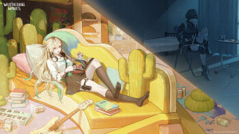 absurdres aqua_necktie black_jacket black_skirt black_socks blonde_hair book book_stack breasts can commentary drink_can earrings english_commentary guitar hair_between_eyes hair_ornament headphones headphones_around_neck highres holding holding_manga instrument jacket jewelry knee_up logo long_hair lynae_(wuthering_waves) manga_(object) medium_breasts necklace necktie no_shoes official_art purple_eyes reading shirt shirt_tucked_in sitting skirt smile socks split_theme star_(symbol) star_earrings tacet_mark_(wuthering_waves) white_shirt wuthering_waves
