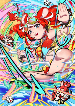 1girl absurdres animal_ears bare_shoulders black_hair bracelet dice eyewear_on_head hakos_baelz highres hololive hololive_english jewelry keenbiscuit long_hair looking_at_viewer mouse_ears mouse_girl mousetrap mr._squeaks_(hakos_baelz) multicolored_hair navel open_mouth outstretched_arms red_hair revision sharp_teeth smile solo spiked_bracelet spikes streaked_hair sunglasses swimsuit teeth twintails virtual_youtuber water white_hair
