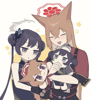 2girls animal_ears black_dress black_gloves black_skirt blue_archive blush butterfly_hair_ornament character_doll china_dress chinese_clothes closed_eyes commentary_request crossed_bangs doll double_bun dress ed_halo fox_ears fox_girl gloves grey_eyes grey_halo hair_between_eyes hair_bun hair_ornament halo holding holding_doll kisaki_(blue_archive) mephimephi multiple_girls nesoberi open_mouth red_halo red_shirt rumi_(blue_archive) shirt skirt sleeveless sleeveless_dress smile twintails