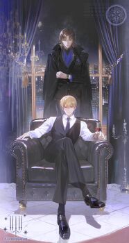 2boys absurdres alcohol armchair ascot black_coat black_pants black_shoes black_socks black_suit black_vest blonde_hair blue_ascot brown_hair candlestand chair chandelier cityscape closed_eyes coat coat_on_shoulders collared_shirt commentary commission couch cross cup drinking_glass earrings english_text fate/stay_night fate_(series) formal_clothes gilgamesh_(fate) handkerchief highres jewelry kotomine_kirei looking_at_viewer male_focus multiple_boys muntins on_couch pants pocket_square popped_collar reflection rubyperseus shirt shoes short_hair sitting smile socks standing suit vest watch white_shirt wine wine_glass wristwatch