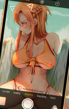 1girl animal_ears asuna_(sao) bad_id bad_pixiv_id beach bikini blush braid breasts breasts_apart brown_eyes brown_hair cameltoe camera_view cat_ears cellphone clothes_lift commentary drawn_blush drawn_ears embarrassed english_commentary face_filter half_up_braid highres holding holding_towel housou-kun large_breasts long_hair looking_at_viewer navel open_towel patreon_logo patreon_username phone profile self-upload sitting smartphone solo spread_legs swimsuit sword_art_online towel towel_lift very_long_hair whiskers