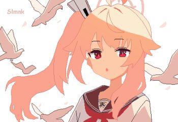 1girl :o absurdres animal bird black_sailor_collar blue_archive choppy_bangs halo highres long_hair looking_at_viewer natsu_(blue_archive) open_mouth pink_hair pink_halo pixel_art red_eyes sailor_collar shirt side_ponytail slmnk10124 solo textless_version upper_body white_background white_shirt
