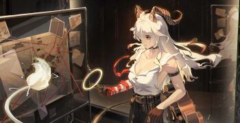 1girl arm_strap bare_shoulders black_choker black_gloves black_horns black_pants breasts button_gap choker closed_mouth collarbone commentary_request curled_horns gloves highres horns huqu_(huqu45712) index_finger_raised indoors large_breasts long_hair necktie necktie_around_wrists pants red_eyes red_necktie shirt shirt_tucked_in solo tail torn_clothes torn_shirt white_shirt wuthering_waves zani_(wuthering_waves)