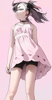 1girl 987645321o bike_shorts black_hair closed_mouth collar dress earrings eyelashes floating_hair from_below green_eyes hair_ribbon highres jewelry knees marnie_(pokemon) nintendo pink_background pink_dress pokemon pokemon_swsh ribbon sleeveless sleeveless_dress solo