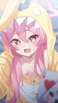 1girl animal_ear_hood blue_archive blush blush_stickers breasts card cleavage downblouse fake_animal_ears fang hair_between_eyes hair_over_shoulder halo hood hood_up hooded_pajamas hrmrm koyuki_(blue_archive) koyuki_(pajamas)_(blue_archive) leaning_forward long_hair low_twintails no_bra onesie open_mouth pajamas pink_eyes pink_hair playing_card playing_card_game playing_games skin_fang small_breasts sparkling_eyes sweat twintails very_sweaty watermark yellow_pajamas