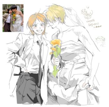 Rule 34 | 1boy, 1girl, blonde hair, blush, commentary request, cosplay, costume switch, dress, flower, formal clothes, korean commentary, monochrome, nami (one piece), one piece, orange hair, photo-referenced, sanam 1piece, sanji (one piece), suit, wedding dress