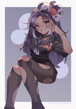 1girl ahoge black_choker black_shirt braid braided_ponytail breasts choker eye_print grey_hair highres jared_(michi_mochievee) long_hair looking_at_viewer medium_breasts michi_mochievee multicolored_hair nail_polish pantyhose purple_hair purple_nails shirt smile stitched_face stitches streaked_hair teikki torn_clothes torn_pantyhose v virtual_youtuber vshojo