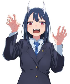 Rule 34 | 1girl, aoki ruri, blazer, blue hair, blue necktie, fangs, hands up, highres, horns, jacket, knew nothing, long sleeves, necktie, open mouth, red eyes, ruridragon, school uniform, simple background, solo, upper body, white background