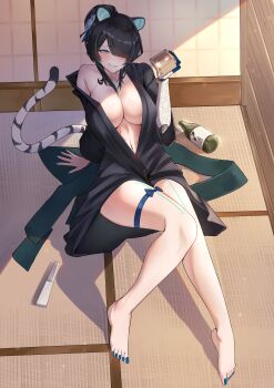 1girl absurdres animal_ears barefoot black_hair blue_eyes blue_hair blue_nails blush breasts commission drunk erina_makina feet hair_over_one_eye hand_fan highres holding japanese_clothes kimono large_breasts mchiefy mechanical_arms multicolored_hair nail_polish navel on_floor open_clothes open_kimono phase_connect short_hair single_mechanical_arm smile solo streaked_hair tail tiger_ears tiger_girl tiger_tail toenail_polish toenails virtual_youtuber yukata