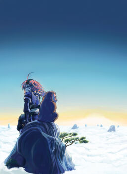 Rule 34 | 1girl, above clouds, ahoge, bad id, bad pixiv id, cloud, female focus, headphones, mishima yoshikatsu, monkey, mountaintop, pink hair, pixiv fantasia, pixiv fantasia 1, scenery, sitting, sky, solo