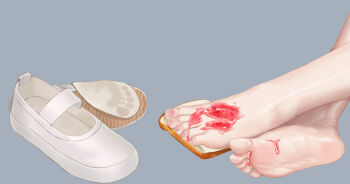 1girl barefoot bread bread_slice feet foot_focus highres jam liang_mu shoes soles toes unworn_shoes uwabaki
