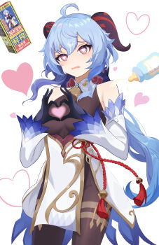 1girl absurdres ahoge bare_shoulders bell black_gloves black_pantyhose blue_hair bottle bow breasts detached_sleeves ganyu_(genshin_impact) genshin_impact gloves gold_trim heart heart-shaped_pupils heart_hands highres horns jewelry long_hair low_ponytail medium_breasts milk milk_bottle milk_carton moxuelin_(ajcf4477) neck_bell open_mouth pantyhose ponytail purple_eyes red_rope rope sidelocks standing symbol-shaped_pupils tassel thighlet waist_cape white_background white_sleeves