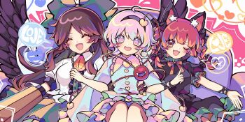 3girls @_@ animal_ear_fluff animal_ears arm_cannon black_dress black_hairband blue_shirt bow braid breasts brown_hair buttons cat_ears cat_tail closed_eyes collared_shirt control_rod_(touhou) dress english_text extra_ears eyeball frilled_shirt_collar frilled_sleeves frills game_cg green_bow green_skirt hair_bow hair_ornament hairband heart heart_button heart_hair_ornament highres kaenbyou_rin komeiji_satori kyouda_suzuka locked_arms long_hair long_sleeves looking_at_viewer multiple_girls official_art one_eye_closed open_mouth pink_eyes pink_hair pink_skirt puffy_short_sleeves puffy_sleeves red_hair reiuji_utsuho shirt short_sleeves skirt smile tail third-party_source third_eye third_eye_on_chest touhou touhou_lostword twin_braids weapon white_shirt