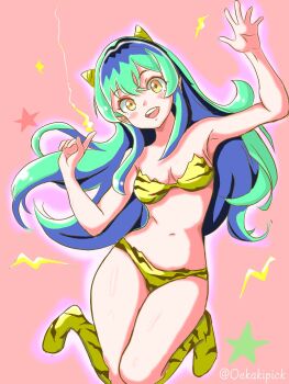 1girl animal_print artist_name bikini breasts cleavage cone_horns green_hair highres horns long_hair looking_at_viewer lum navel oekakipick orange_eyes print_bikini print_boots solo swimsuit teeth tiger_print upper_teeth_only urusei_yatsura